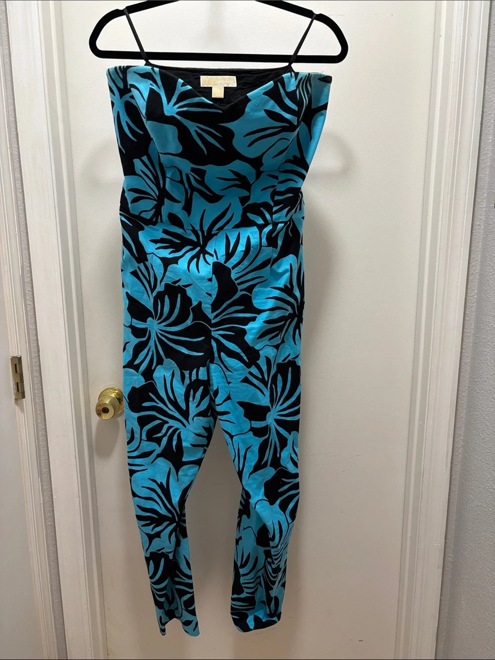 Michael Kors Turquoise and Black Strapless Floral Jumpsuit